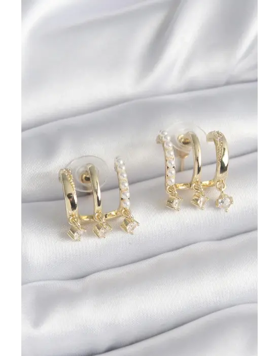  Altın Zirkon Taş Detay İncili Çelik Küpe