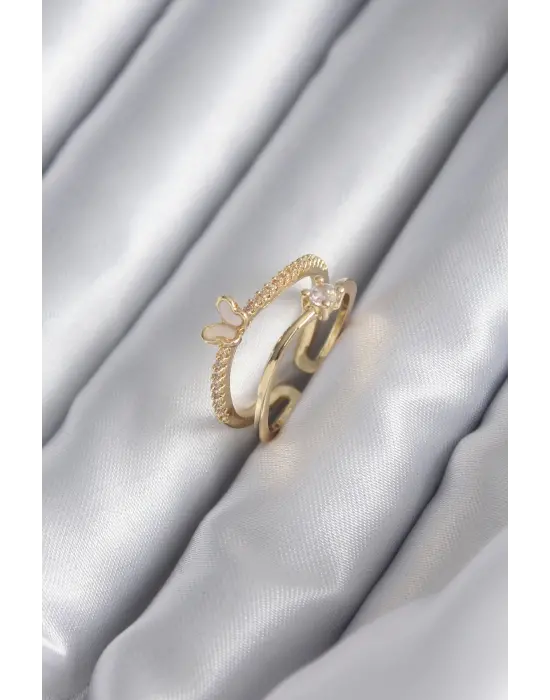  Altın Zirkon Taş Detay Kelebek Model Çelik Yüzük