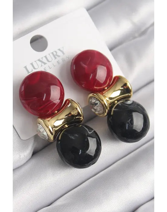  Altın Zirkon Taş Detay Kırmızı Siyah Doğal Taşlı Vintage Çelik Küpe