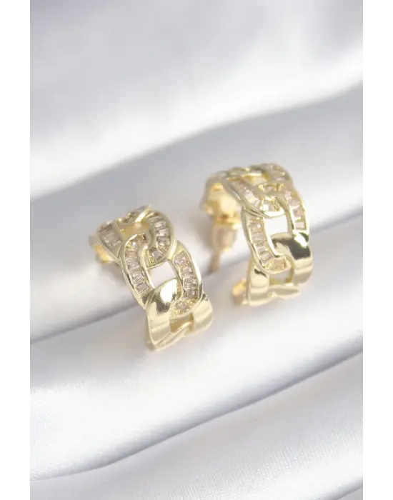  Altın Zirkon Taş Detay Zincir Model Çelik Küpe