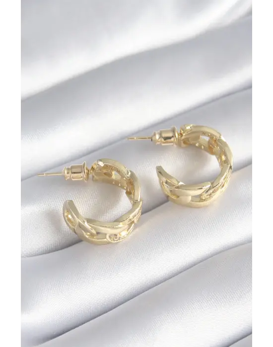  Altın Zirkon Taş Detay Zincir Model Çelik Küpe