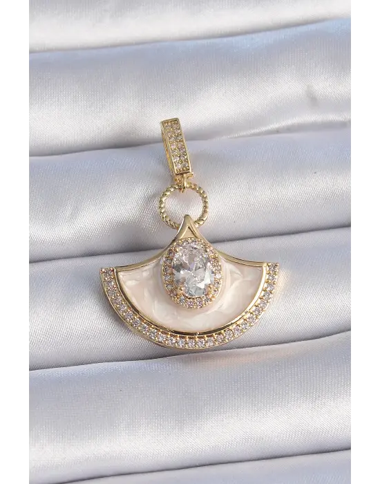 Pirinç Gold Renk Zirkon Taş Detaylı Beyaz Mineli Ajda Charm
