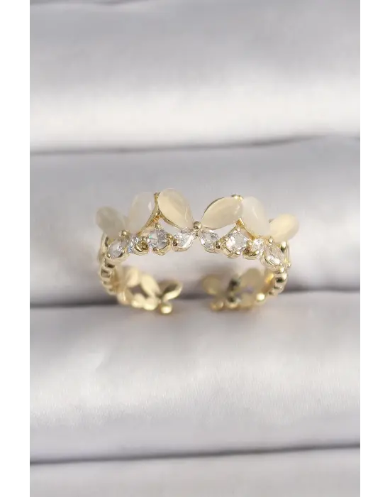  Altın Zirkon Taş Detaylı Beyaz Mineli Kelebek Model Ayarlanabilir Yüzük