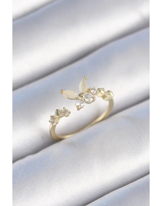  Altın Zirkon Taş Detaylı Beyaz Mineli Kelebek Model Çelik Yüzük