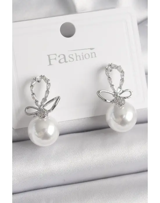  Altın Zirkon Taş Detaylı Fiyonk İnci Model Çelik Küpe