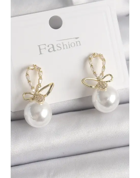  Altın Zirkon Taş Detaylı Fiyonk İnci Model Çelik Küpe