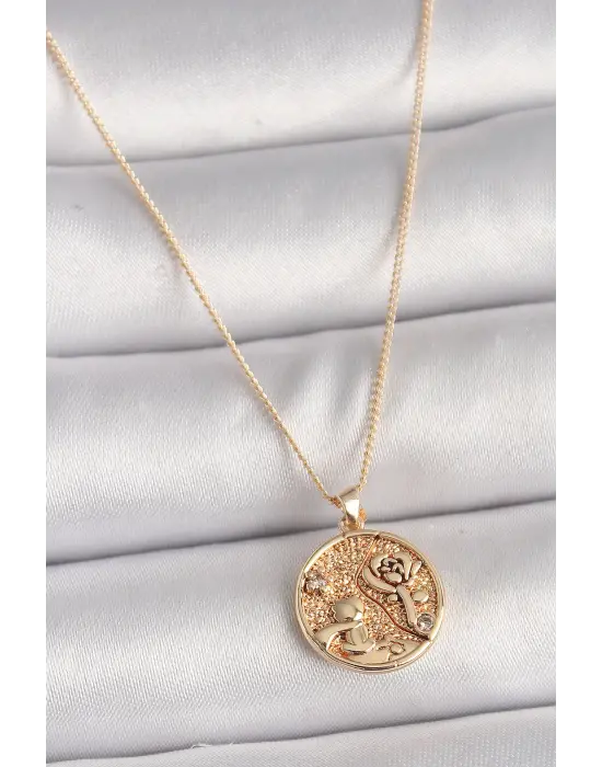 Pirinç Altın Zirkon Taş Detaylı Gül İşleme Madalyon Model Çelik Kolye