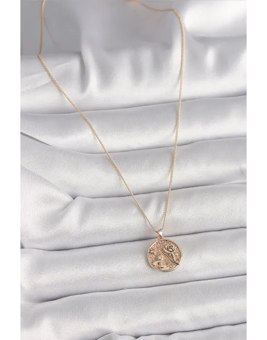 Pirinç Altın Zirkon Taş Detaylı Gül İşleme Madalyon Model Çelik Kolye