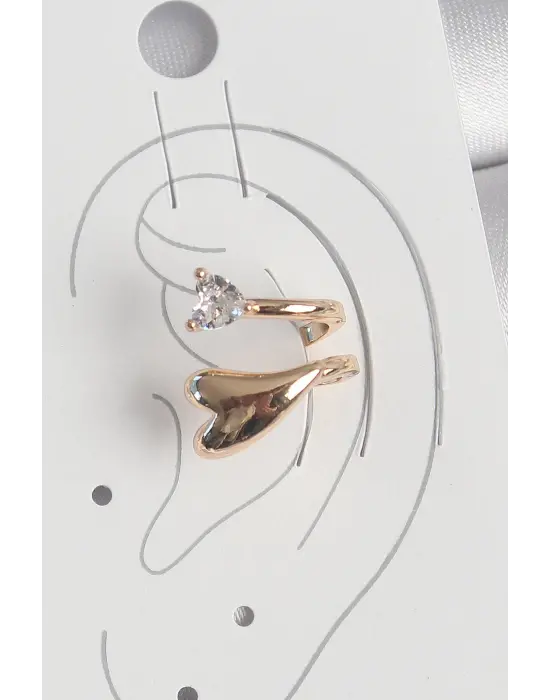 Pirinç Gold Renk Zirkon Taş Detaylı Kalp Model Kadın Kıkırdak Küpe