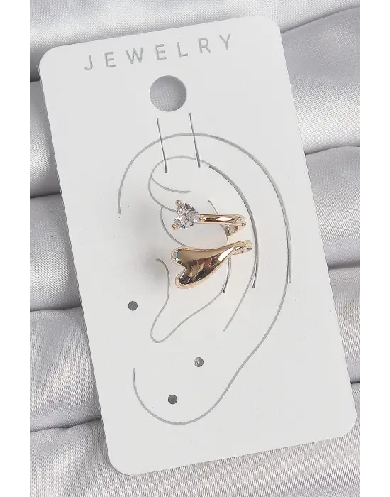 Pirinç Gold Renk Zirkon Taş Detaylı Kalp Model Kadın Kıkırdak Küpe