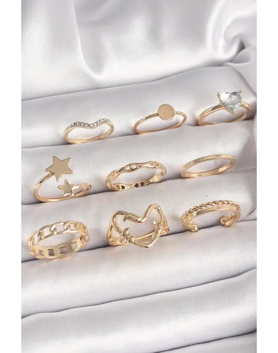 Pirinç Gold Renk Zirkon Taş Detaylı Kalp Yıldız Figür Kadın Yüzük Kombini