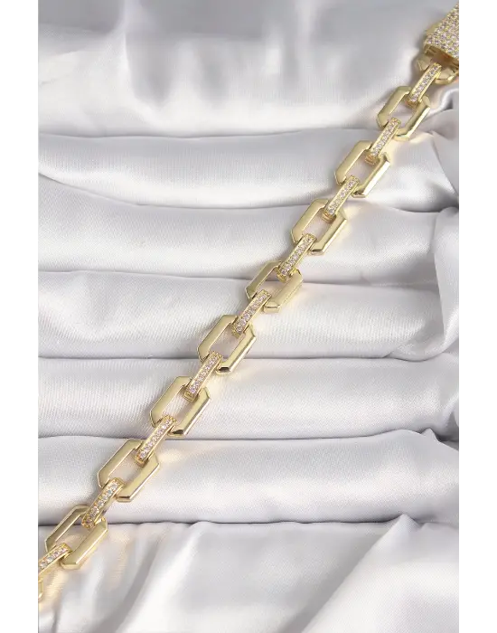 Pirinç Gold Renk Zirkon Taş Detaylı Kare Zincir Model Xuping VIP Exculusive Seri Kadın Bileklik
