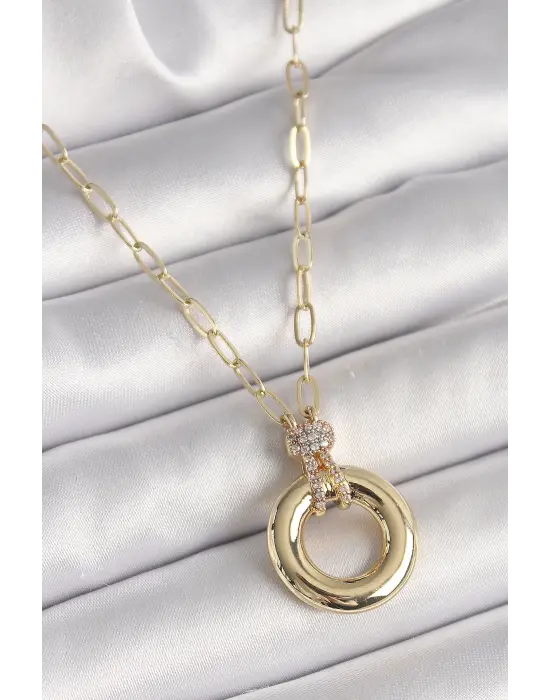 Altın Zirkon Taş Detaylı Madalyon Model Çelik Kolye