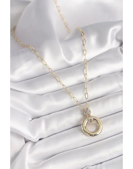 Altın Zirkon Taş Detaylı Madalyon Model Çelik Kolye