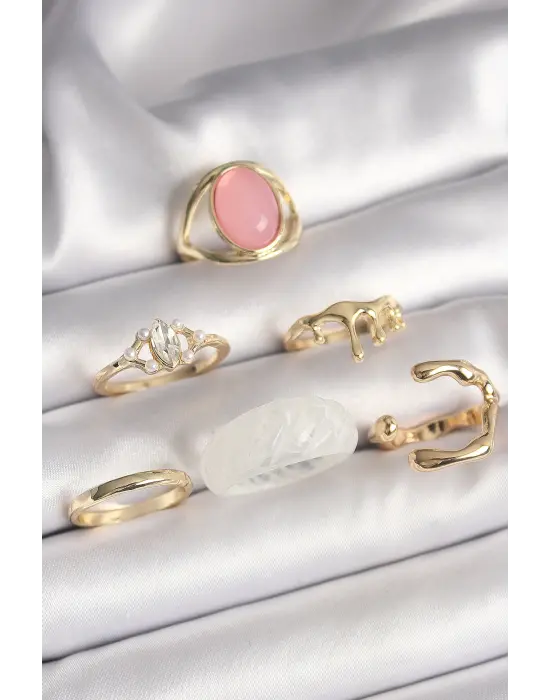  Altın Zirkon Taş Detaylı Pembe Mineli 6Lı Çelik Yüzük Seti