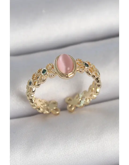 Pirinç Gold Renk Zirkon Taş Detaylı Pembe Mineli Damla Model Ayarlanabilir Kadın Yüzük
