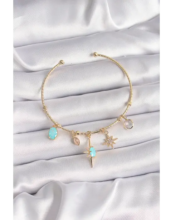 Pirinç Gold Renk Zirkon Taş Detaylı Sallantı Kutup Yıldız Figür Kadın Bileklik