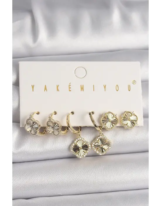 Altın Zirkon Taş Detaylı Yonca Model VIP Seri Çelik Küpe Kombini