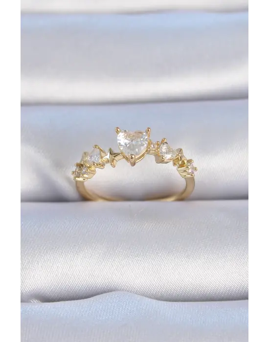  Altın Zirkon Taş Kalp Model Çelik Yüzük