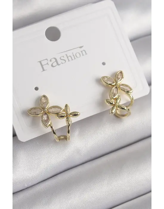  Altın Zirkon Taşlı 2Li Çiçek Model Çelik Küpe