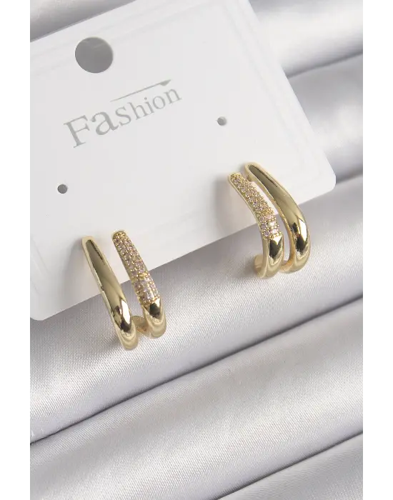  Altın Zirkon Taşlı 2Li Model Çelik Küpe