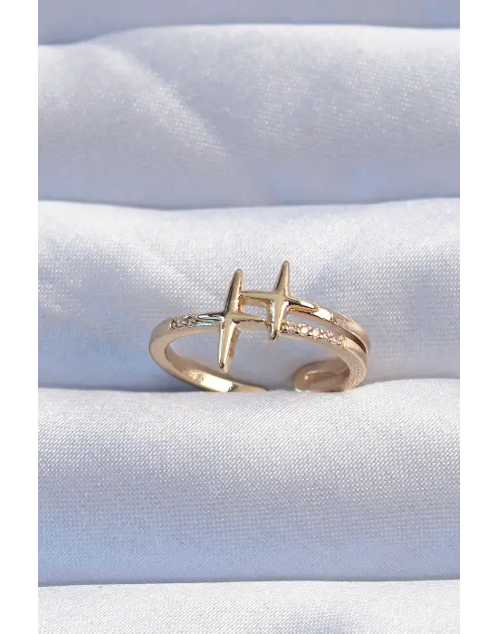  Altın Zirkon Taşlı 2li Görünüm Ayarlanabilir Yıldız Model Yüzük