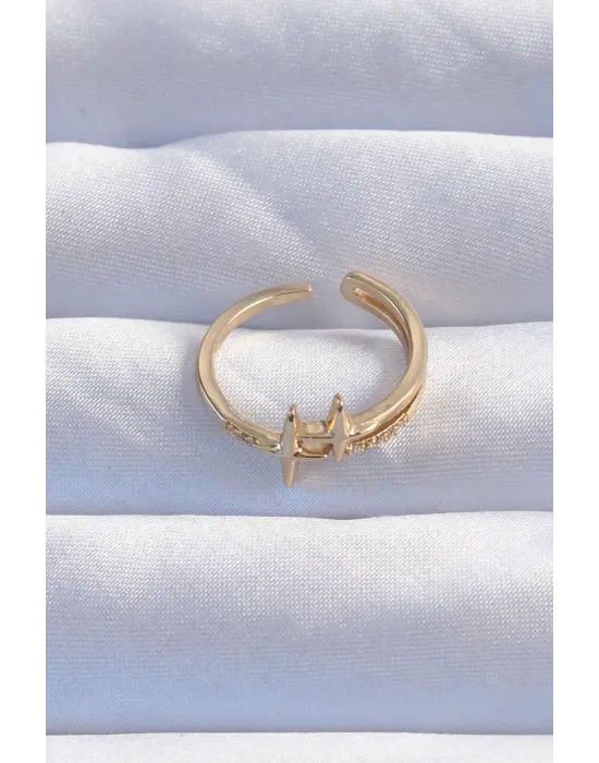  Altın Zirkon Taşlı 2li Görünüm Ayarlanabilir Yıldız Model Yüzük