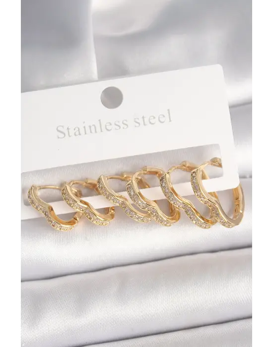 Pirinç Gold Renk Zirkon Taşlı 3 Çift Kalp Model Kadın Küpe