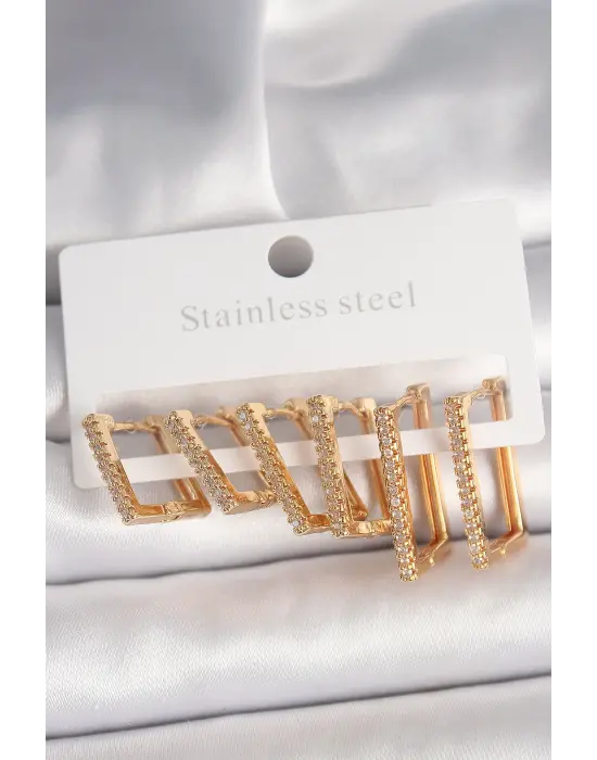 Çelik Gold Renk Zirkon Taşlı 3 Çift Kare Model Kadın Küpe