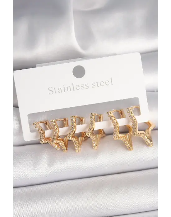 Pirinç Gold Renk Zirkon Taşlı 3 Çift Yıldız Model Kadın Küpe