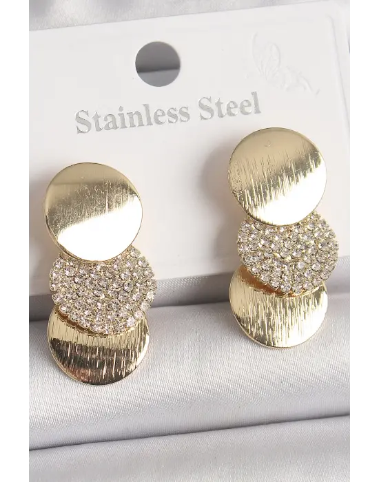  Altın Zirkon Taşlı 3Lü Daire Plaka Model Çelik Küpe