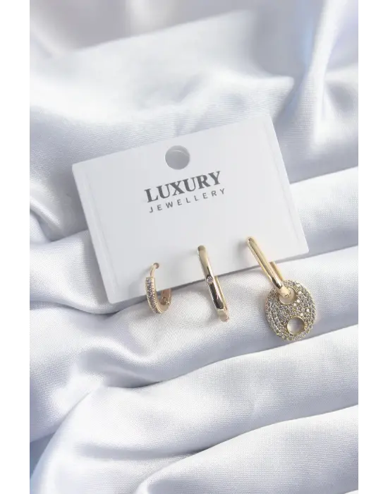 Pirinç Gold Renk Zirkon Taşlı 3lü Kadın Küpe Seti