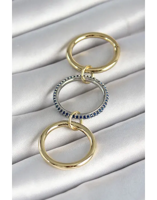 Pirinç Gold Renk Zirkon Taşlı 3Lü Kadın Yüzük
