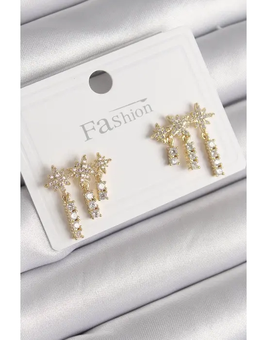  Altın Zirkon Taşlı 3Lü Sallantı Yıldız Model Çelik Küpe