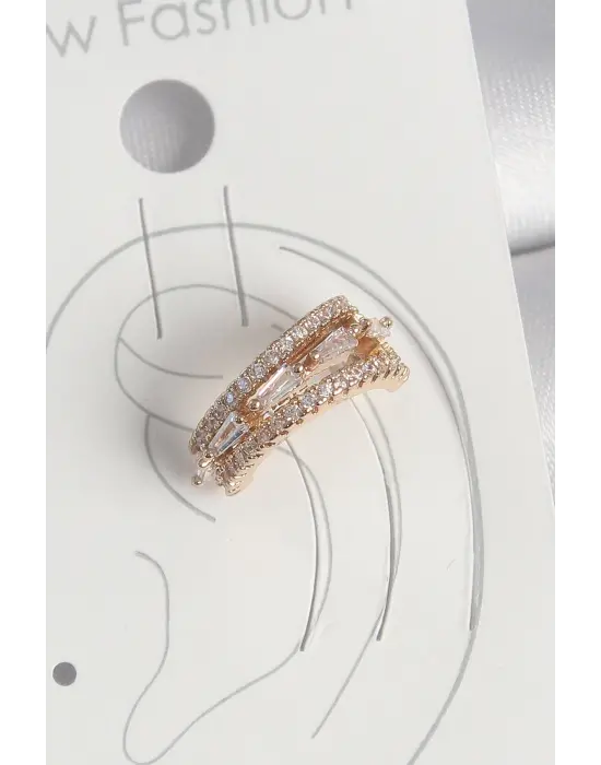 Çelik Gold Renk Zirkon Taşlı 3Lü Sıralı Model Kadın Kıkırdak Küpe