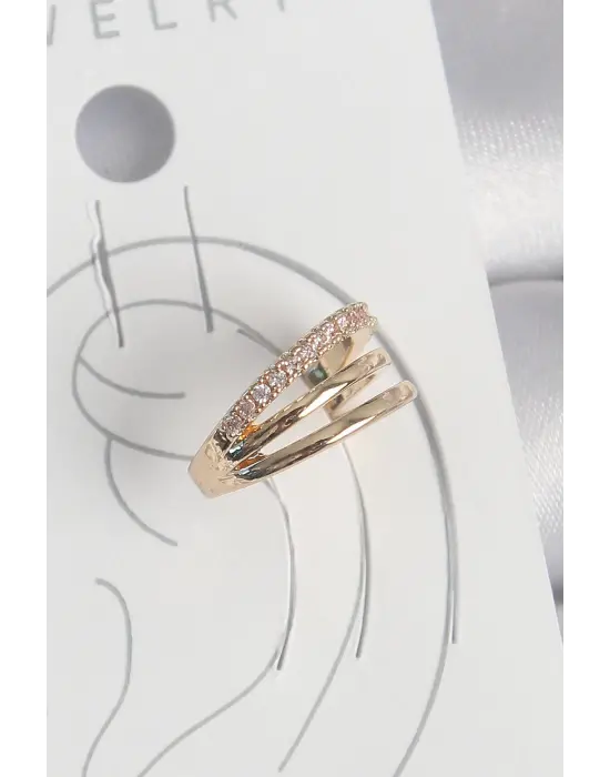 Pirinç Gold Renk Zirkon Taşlı 3Lü Sıralı Model Kadın Kıkırdak Küpe