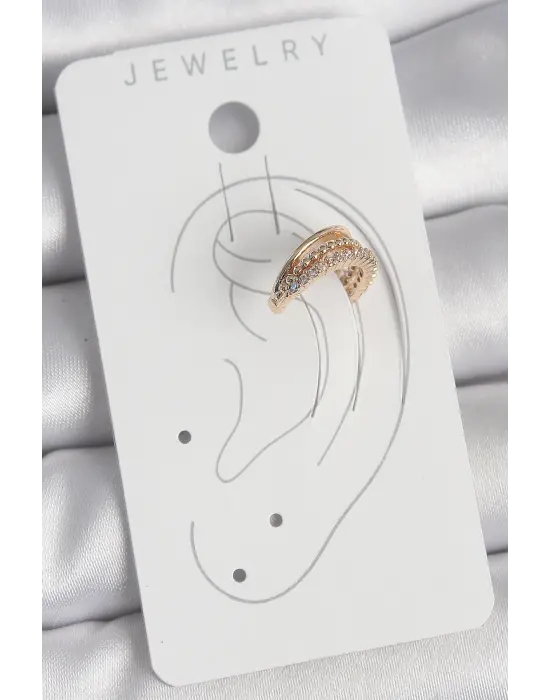 Çelik Gold Renk Zirkon Taşlı 3Lü Sıralı Model Kadın Kıkırdak Küpe