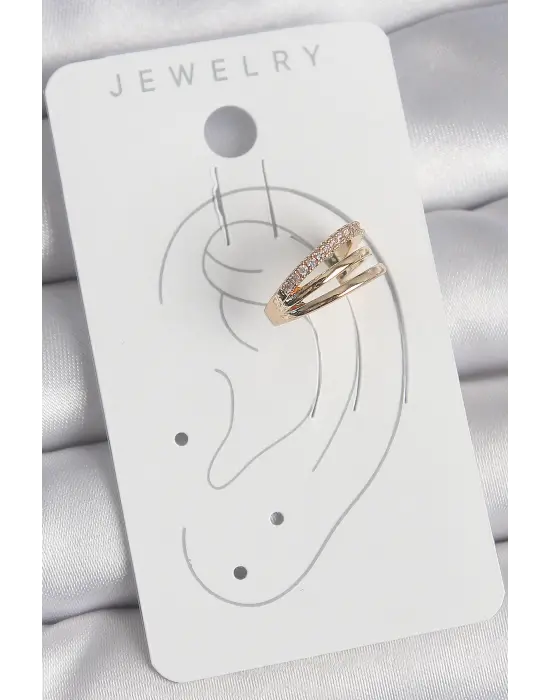 Pirinç Gold Renk Zirkon Taşlı 3Lü Sıralı Model Kadın Kıkırdak Küpe