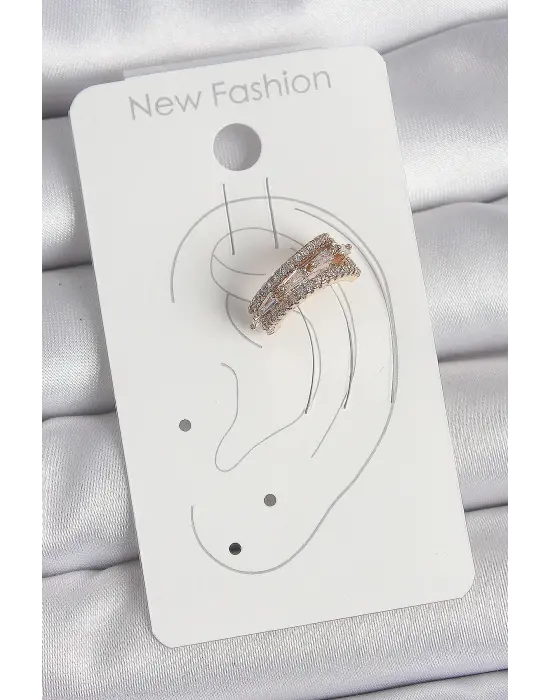 Çelik Gold Renk Zirkon Taşlı 3Lü Sıralı Model Kadın Kıkırdak Küpe