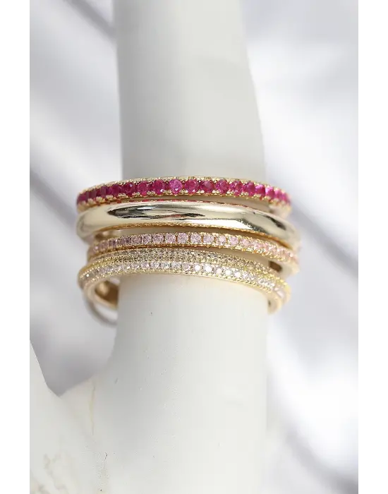 Pirinç Gold Renk Kırmızı Zirkon Taşlı 4Lü Kadın Yüzük