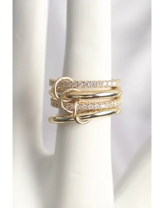 Pirinç Gold Renk Zirkon Taşlı 4Lü Kadın Yüzük
