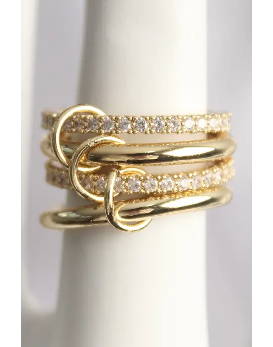 Pirinç Gold Renk Zirkon Taşlı 4Lü Kadın Yüzük