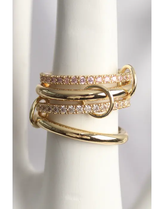 Pirinç Gold Renk Zirkon Taşlı 4Lü Kadın Yüzük