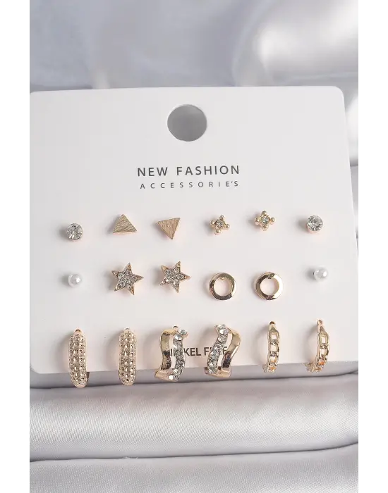  Altın Zirkon Taşlı 9 Çift Çelik Küpe Seti