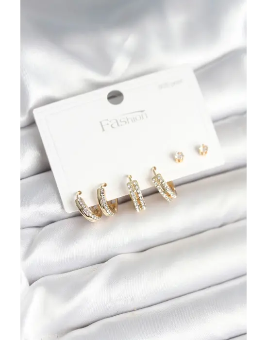 Pirinç Gold Renk Zirkon Taşlı 925 Gümüş Çivili Kadın Küpe Seti