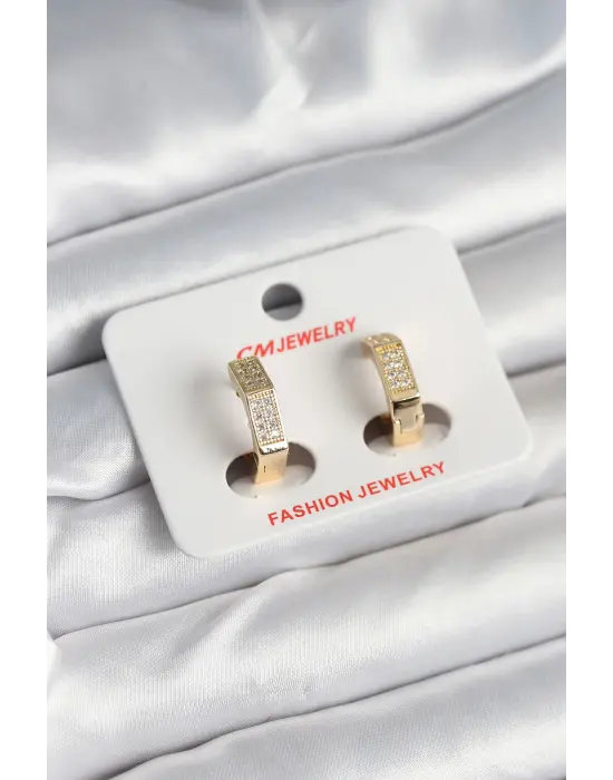 Pirinç Gold Renk Zirkon Taşlı Altıgen Kadın Küpe