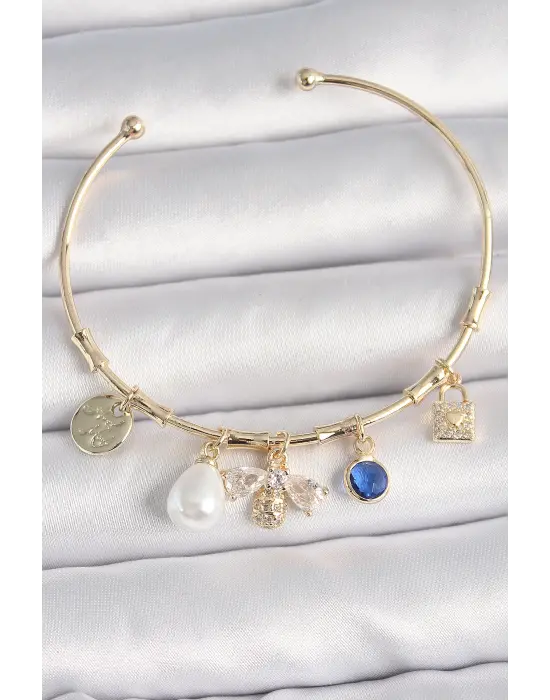 Pirinç Gold Renk Zirkon Taşlı Arı Figür İnci Detay Charm Kadın Bileklik