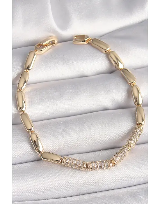 Pirinç Gold Renk Zirkon Taşlı Arpa Zincir Model Kadın Bileklik