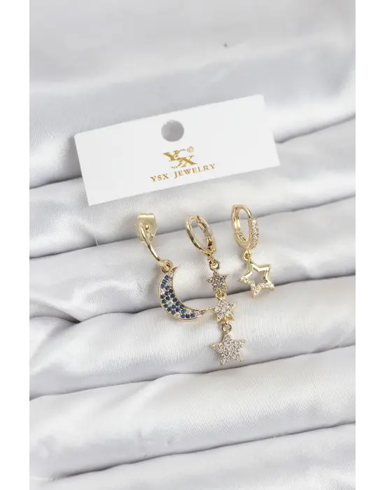 Çelik Gold Renk Zirkon Taşlı Ay ve Yıldız Model YSX Trio Küpe Seti