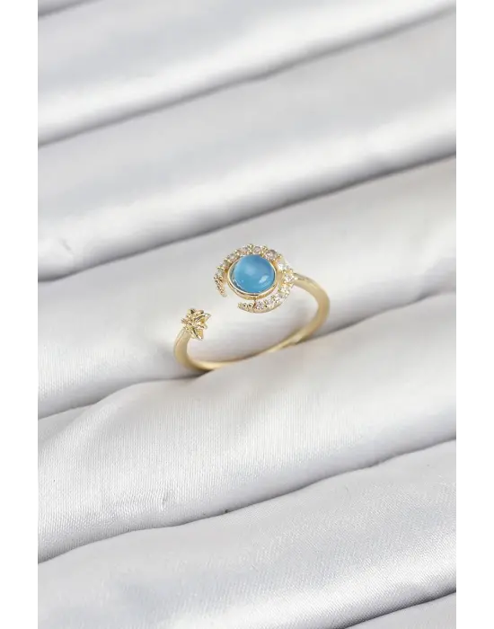 Pirinç Gold Renk Zirkon Taşlı Ay Yıldız Kadın Yüzük